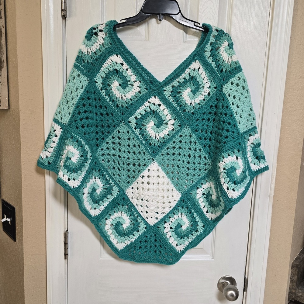 New Handmade Crochet Granny Square Poncho White and Teal Boho‎ Festival